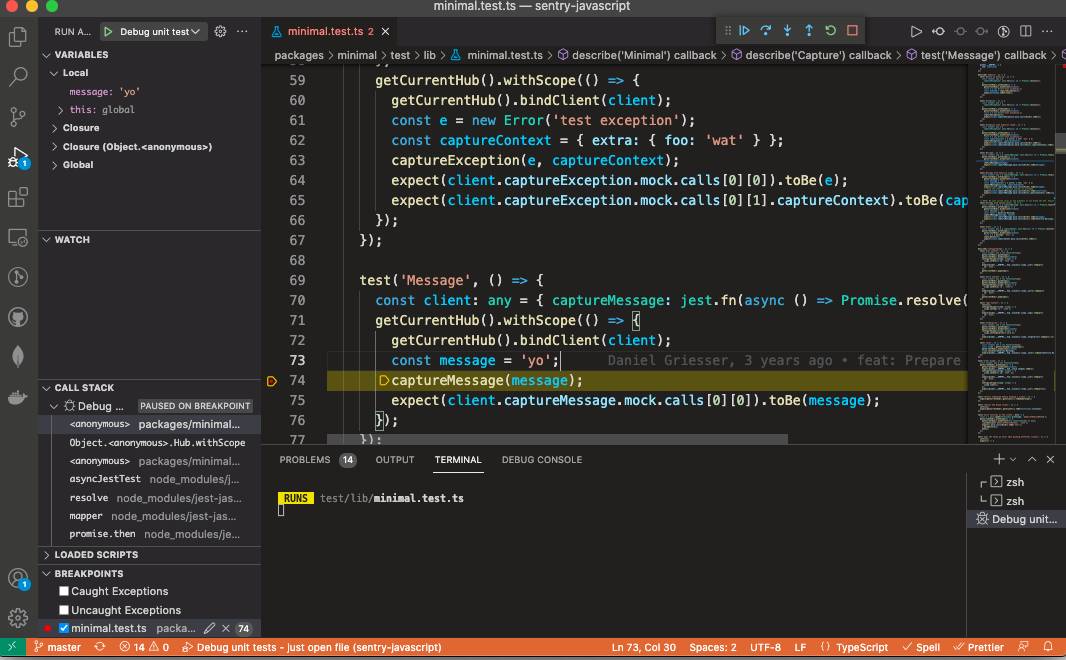 Sentry JavaScript SDK VSCode Debugging Screenshot