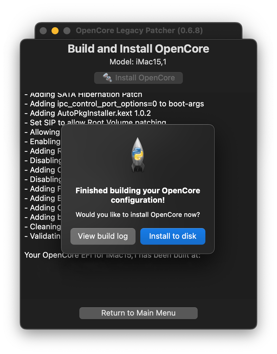 OCLP配置构建完成界面，显示'Finished building your OpenCore configuration!'提示和'Install to disk'按钮。