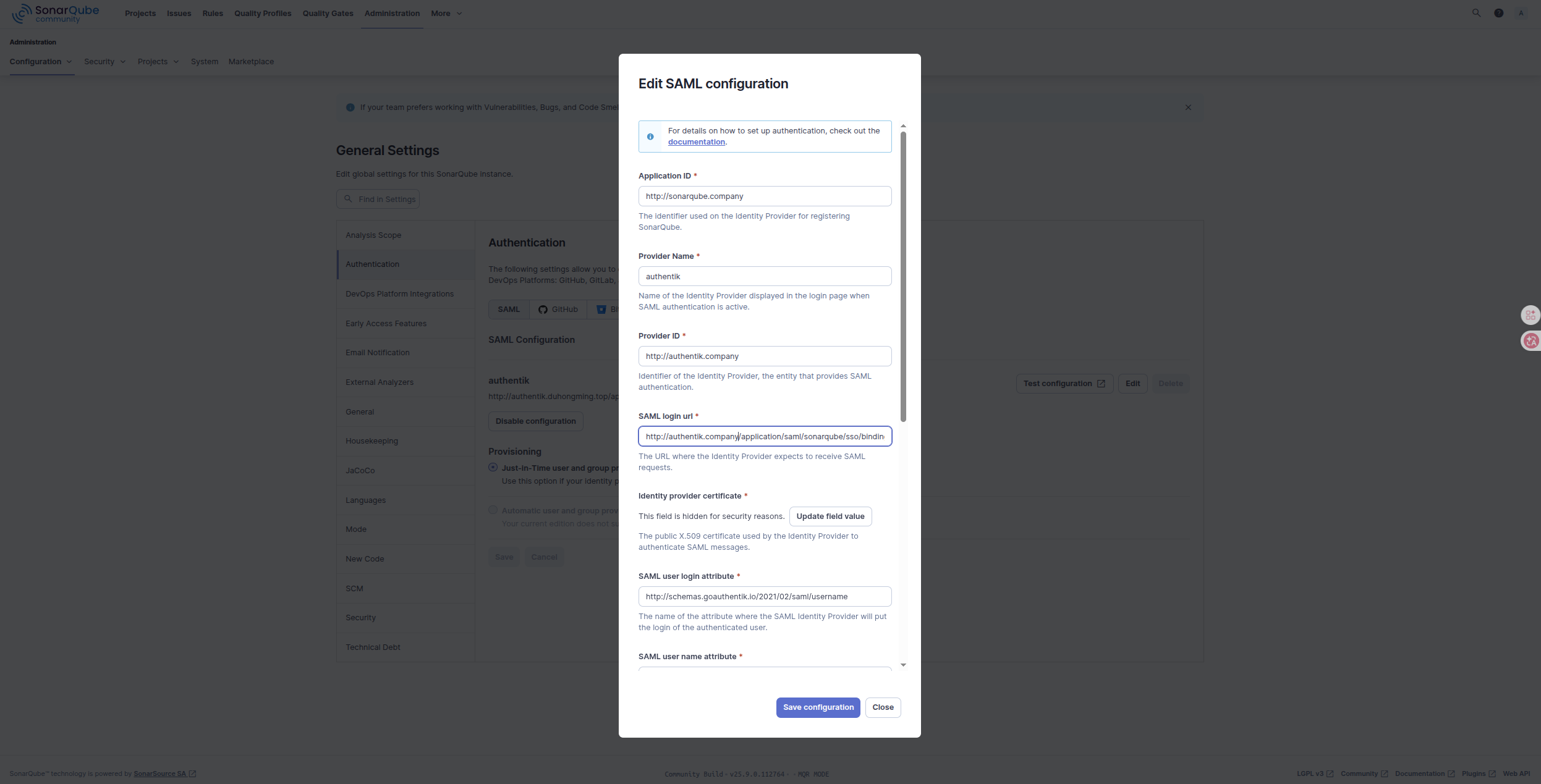 SonarQube SAML Configuration